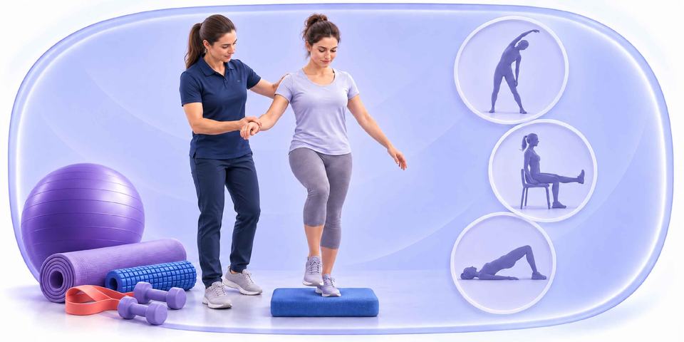 فیزیوتراپی و تمرینات توانبخشی با تجهیزات ورزشی و آناتومی بدن